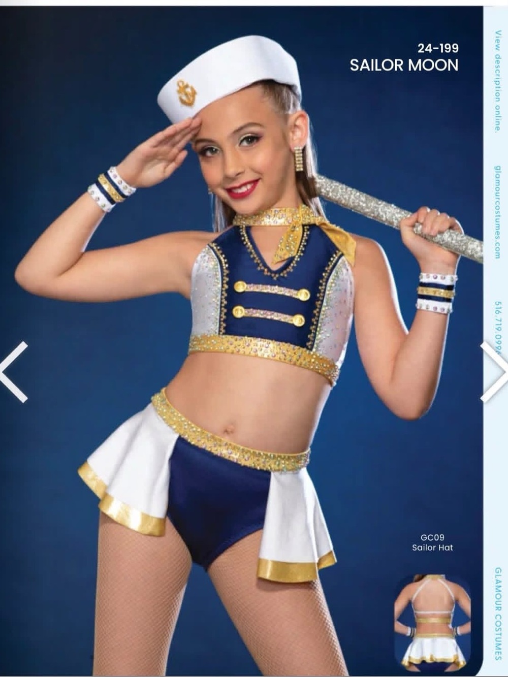 Glamour Navy, White & Gold Sailor Dance Costume Set Child XL - Picture 2 of 2